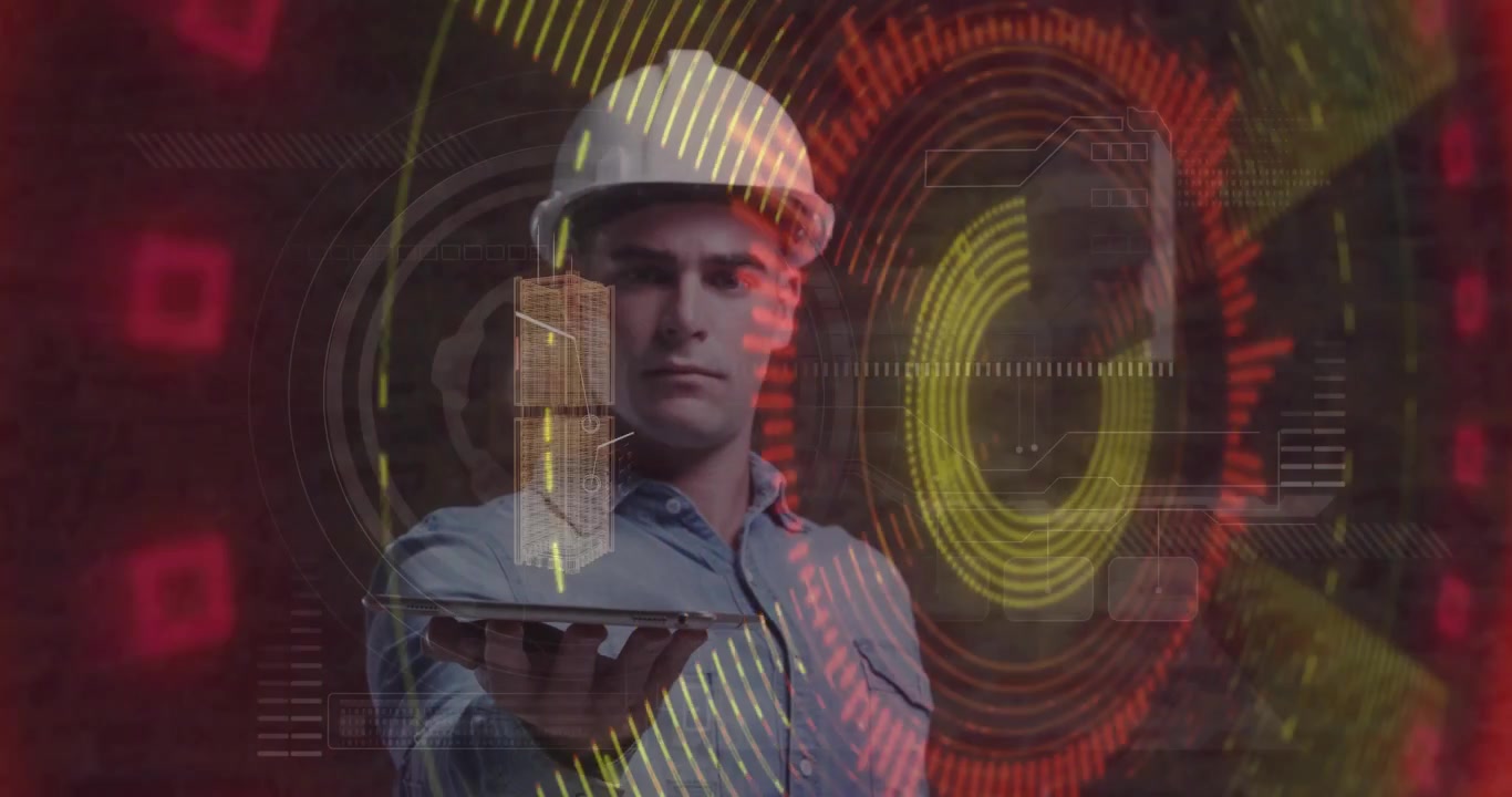 Uomo con il cappello che tiene un vassoio e solleva un piccolo oggetto, con HUD che scansiona e analizza i dati di costruzione