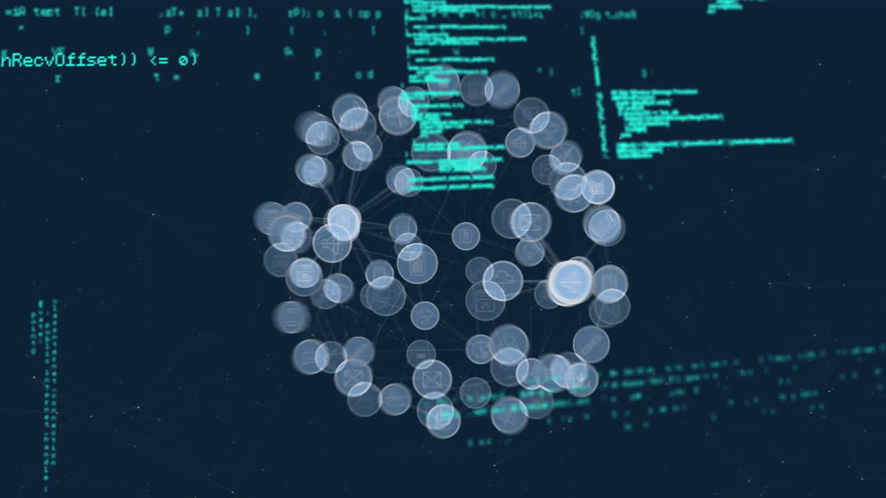 Microprocessor connections over globe of digital icons and data processing on blue background