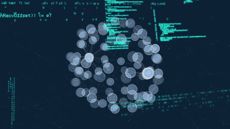 Microprocessor connections over globe of digital icons and data processing on blue background