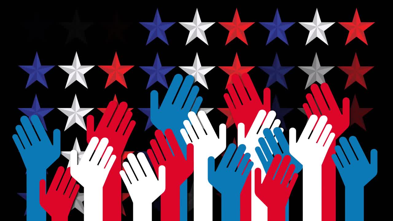 Animation of stars and hands of flag of united states of america over black background