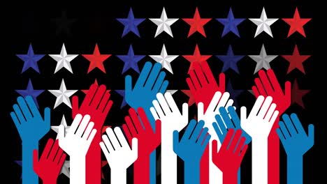 animation of stars and hands of flag of united states of america over black background