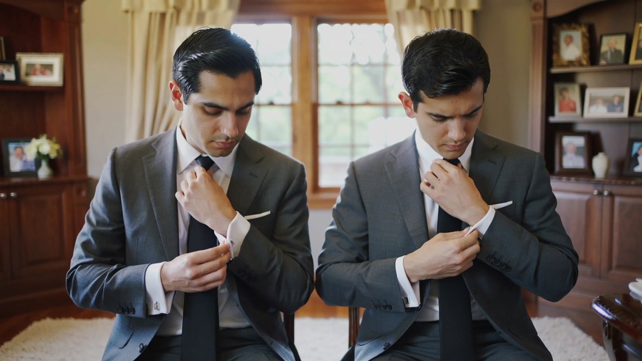 Adjusting two men in gray suits fastening cufflinks and smoothing ties in home study for ceremony