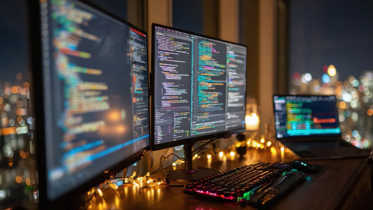 A Cozy Evening Setup for a Programmer: Multiple Monitors Displaying Colorful Code with a Night Cityscape in the Background
