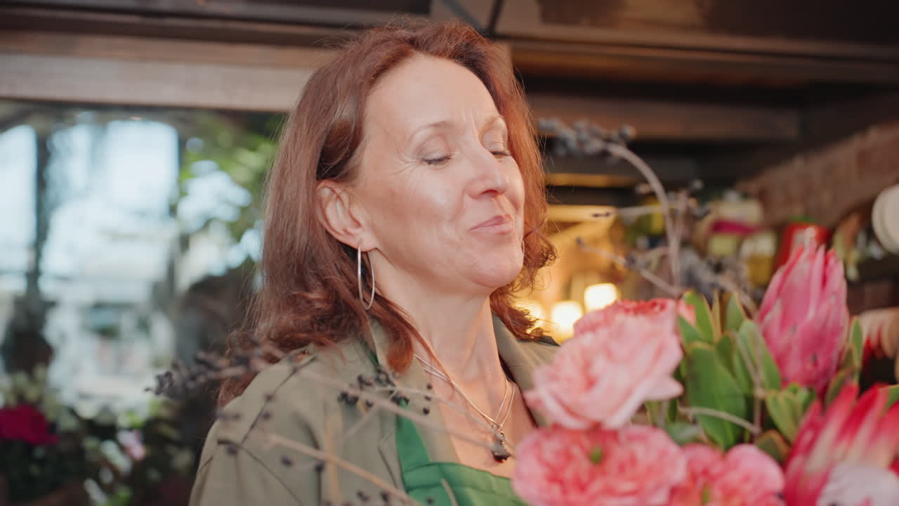 Fiorista (donna bianca) che annusa un bouquet rosa finito con gli occhi chiusi, assaporando l'aroma e sorridendo dolcemente nell'intimo interno di un negozio, petali aromatici e centro di protea, proprietaria che si gode il momento sensoriale