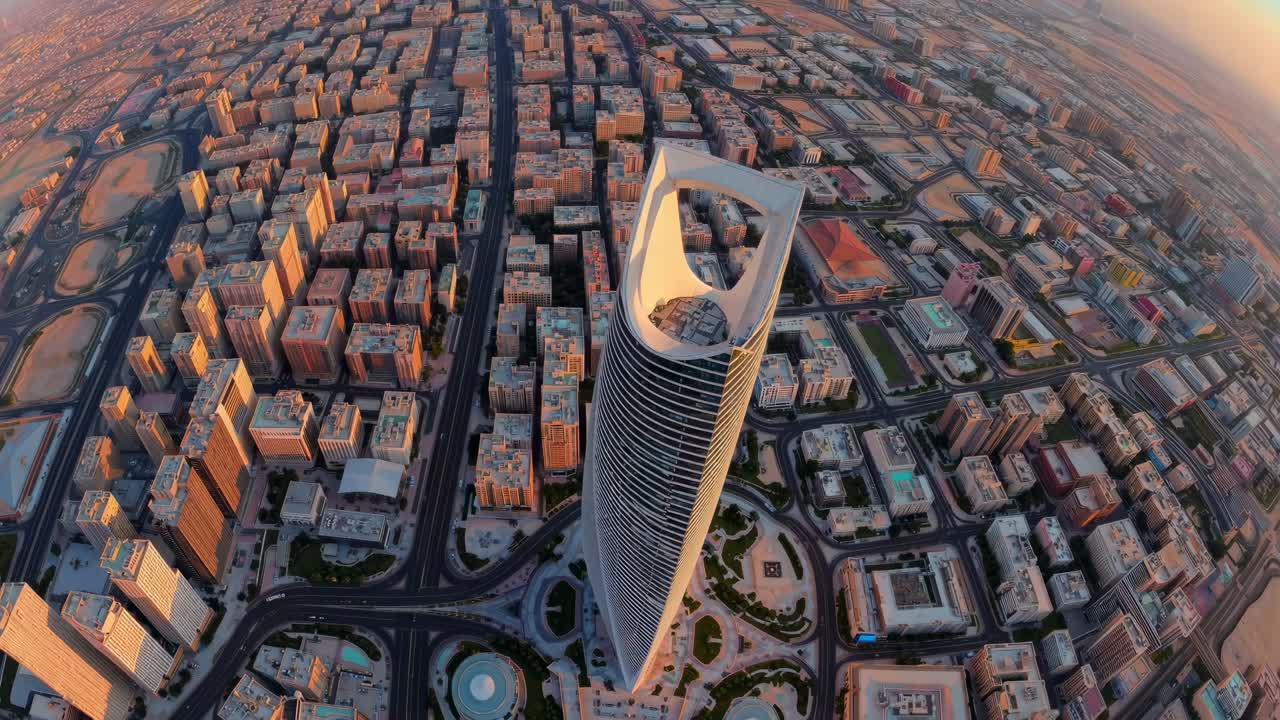 Aerial view of a cityscape with a prominent skyscraper at sunset, showcasing urban architecture