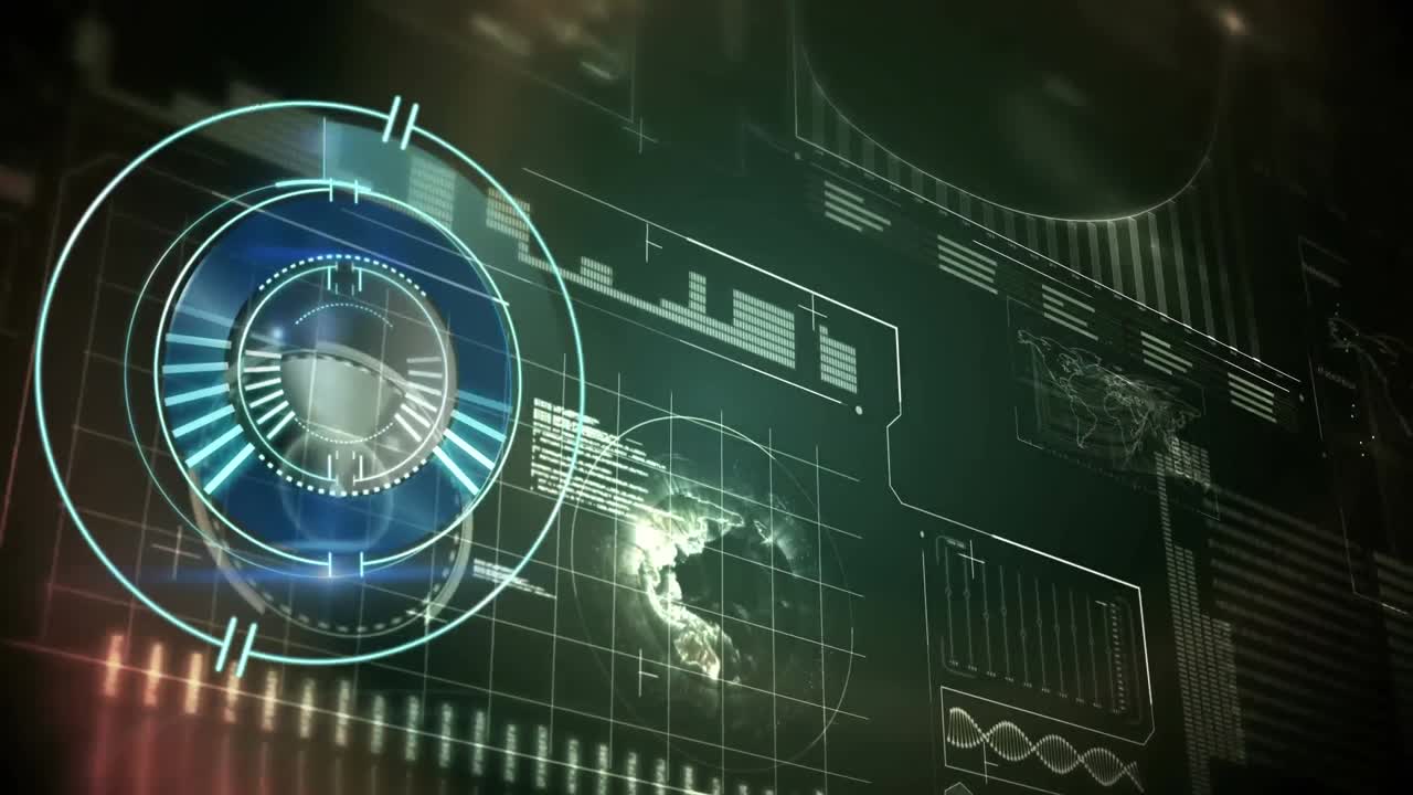 animación del reloj y el procesamiento estadístico sobre un fondo oscuro