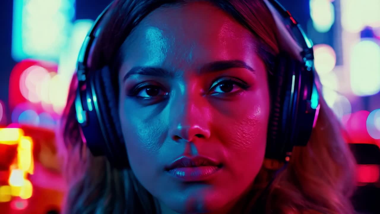 Woman with Headphones in Neon Lights