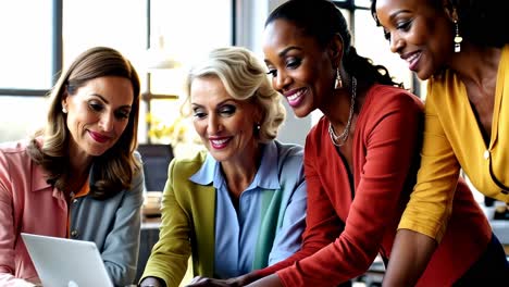 diverse female team working with laptop in office