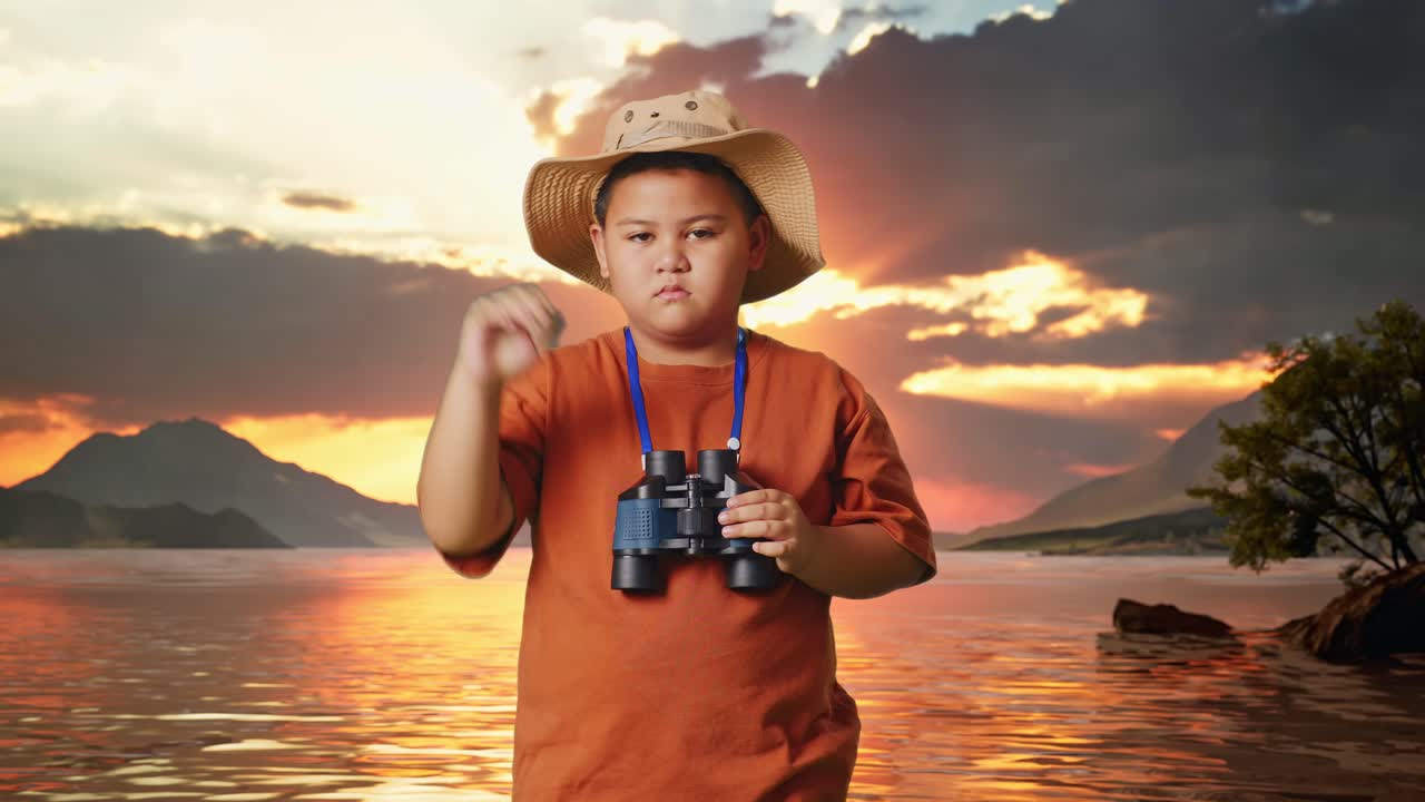 Asian Boy With A Hat Showing Thumbs Down Gesture After Looking Through The Binoculars. Boy Researcher Examines Something At A Lake, Travel Tourism Adventure Concept