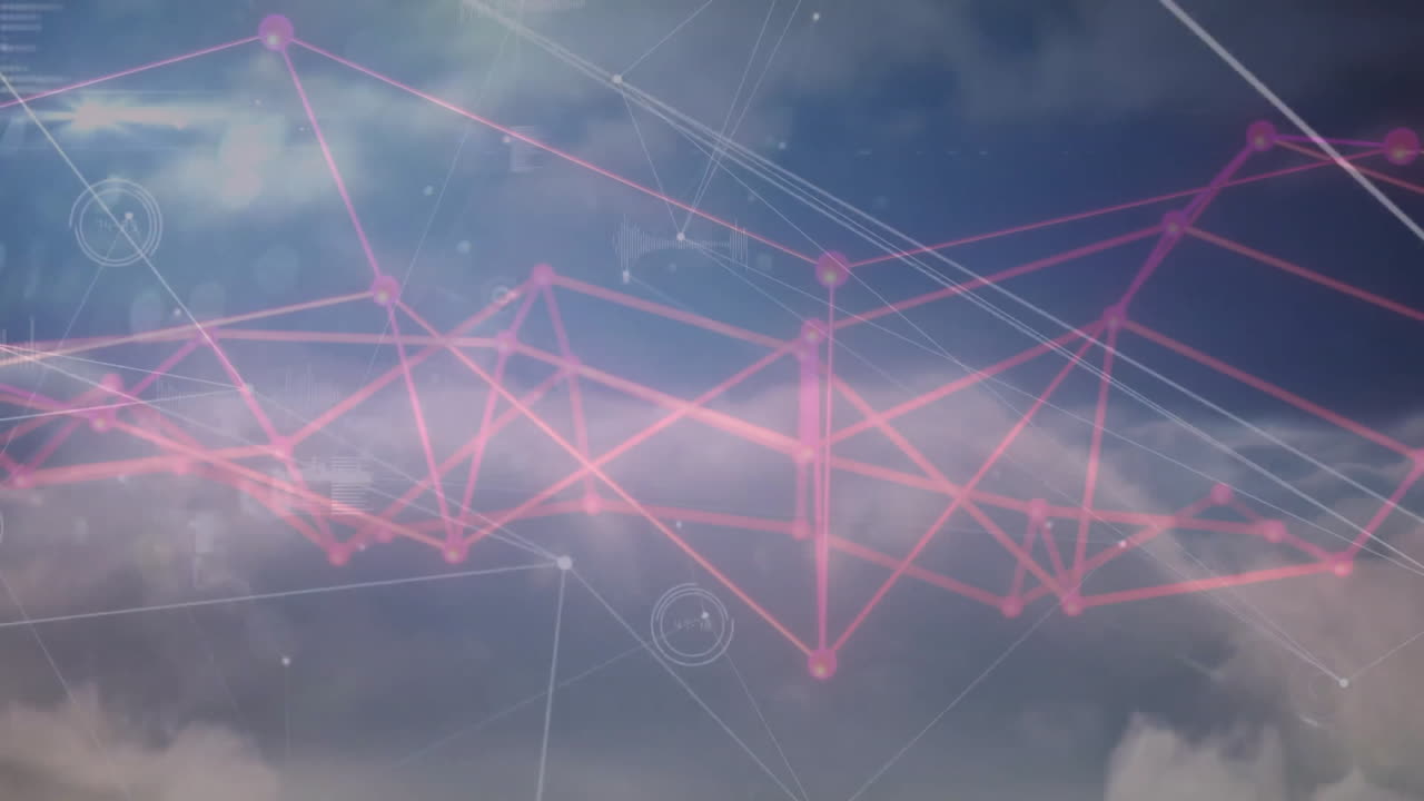 Animation of pink geometric network overlaying cloudy sky, showing digital connectivity
