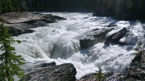 natural landscape view of water fall in natural bridge,afon emerald,yoho national park,alberta,canada in summer daytime with heavy water flow