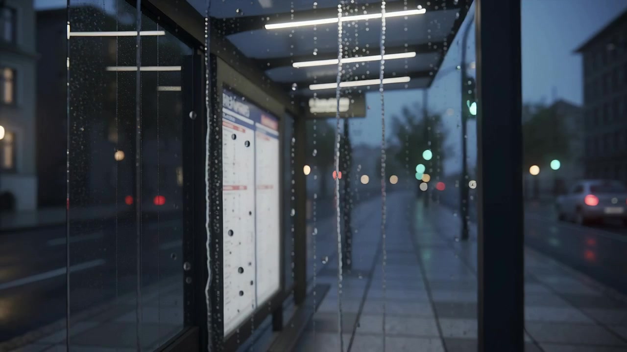 Fotocamera che avanza inquadrando il vetro bagnato di una pensilina al crepuscolo, mostrando l'orario illuminato e un passante vestito di scuro in lontananza