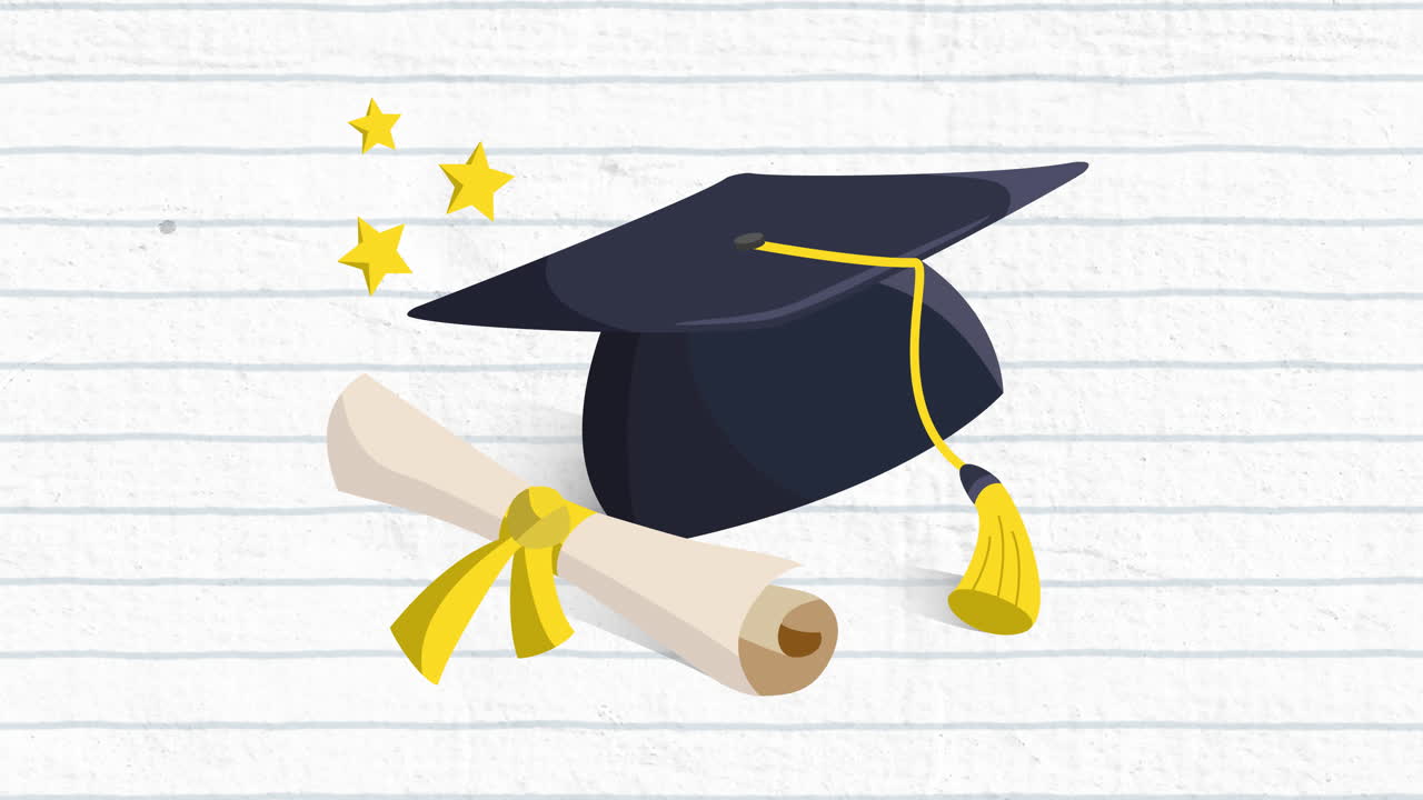 Animation of a graduation hat and a diploma with a blue grid on a white background