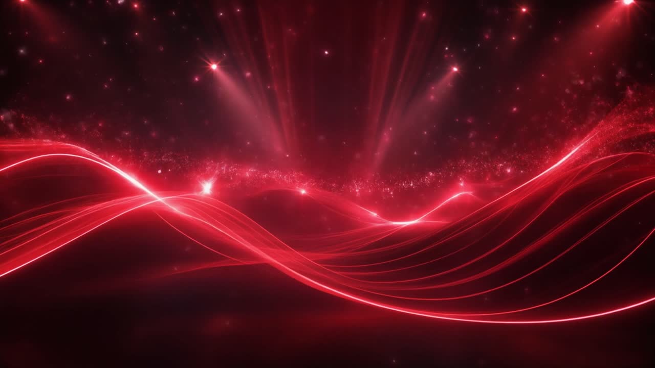 動態紅色發光線條與粒子，配以舞台燈光
