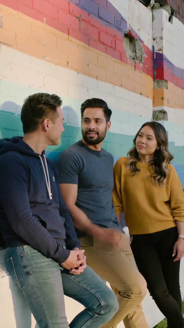 Tres jóvenes amigos conversando casualmente junto a un muro urbano colorido