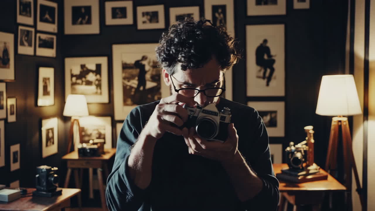Photographer looking through vintage camera in dark room