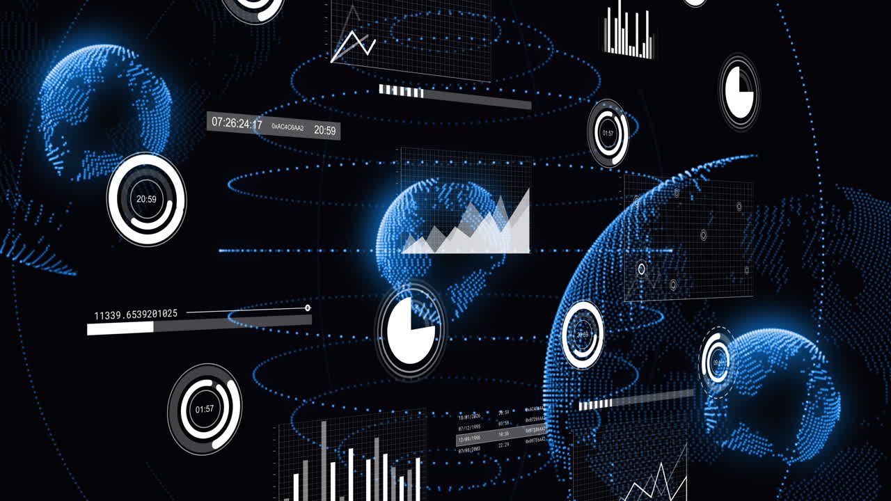 Animation of multiple graphs, loading bars, circles and multiple globes over black background