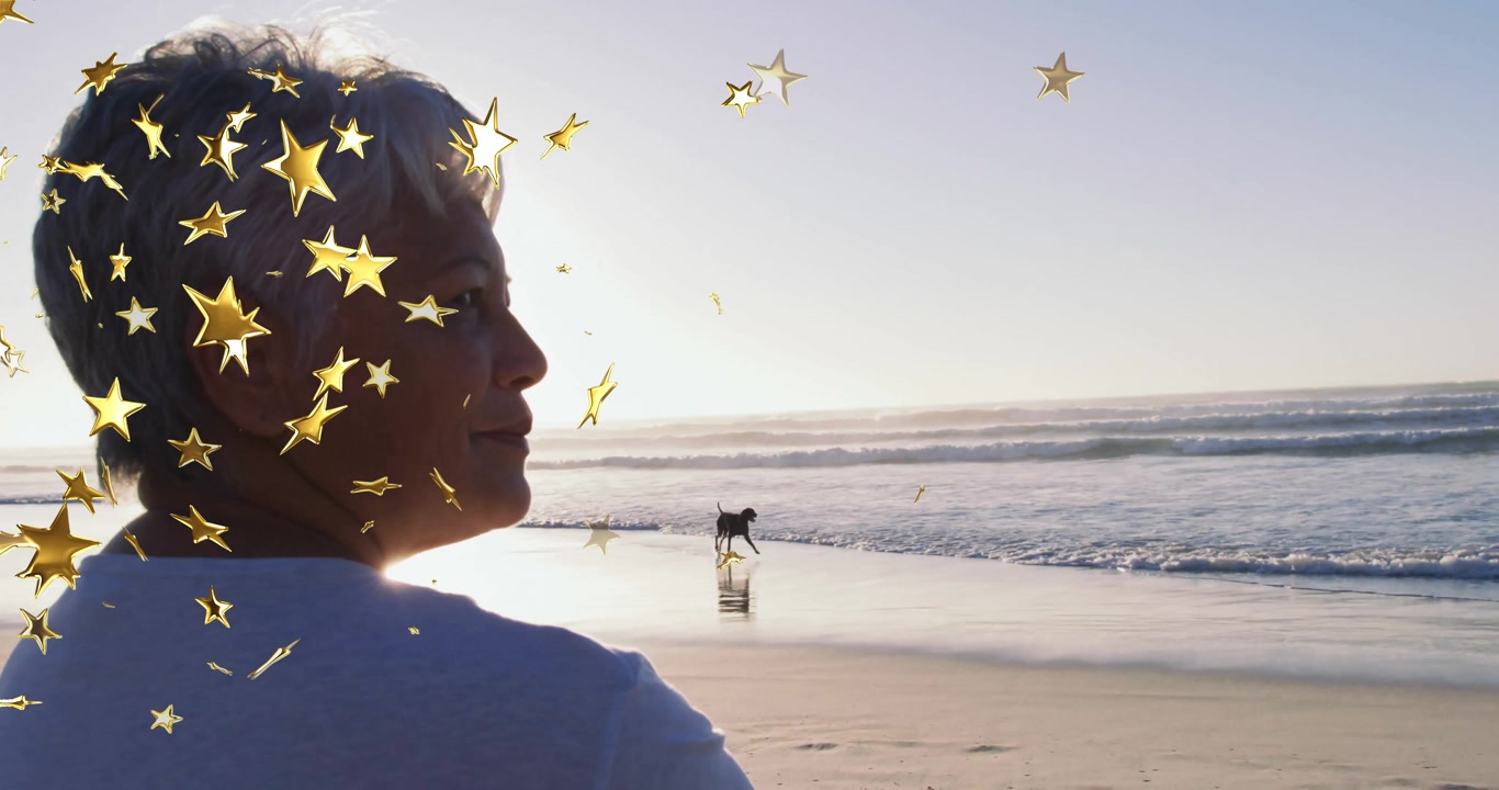 Dog appearing on beach walking closer to meet woman with star drifting across profile in technology