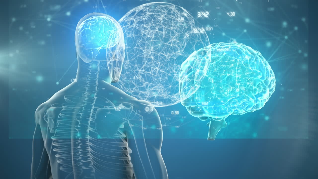 Animation of data processing over spinning brain and man on blue ...
