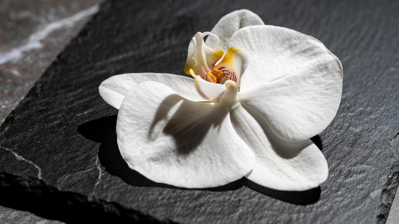 Ruotando la telecamera e spostando la luce principale per rivelare un'orchidea bianca con un labello giallo-rosso su ardesia.
