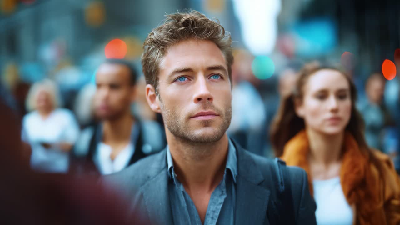 Un uomo pensieroso con intensi occhi azzurri si erge in mezzo a una folla di persone, in un vivace ambiente urbano, mostrando un momento di introspezione