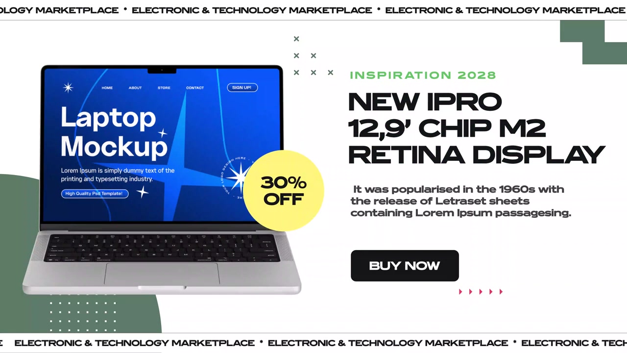 Modern Laptop Mockup Displaying 30% Off Promotion for Technology Marketplace