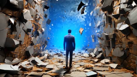 businessman standing in a broken wall, looking toward a bright future