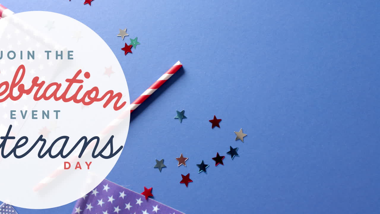 파란색 배경에 있는 미국의 별과 발 위의 참전용사 날 텍스트의 애니메이션