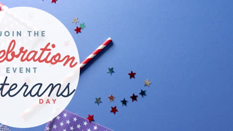 animation of veterans day text over stars and flags of usa on blue background
