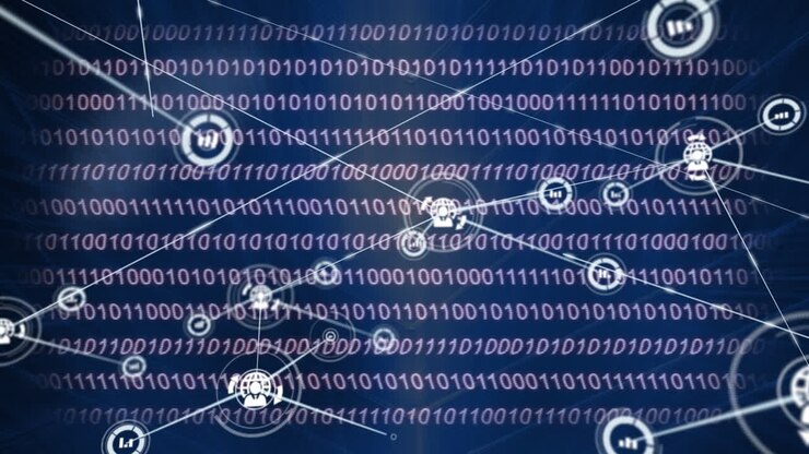 Анимация сети подключений со значками на темно-синем фоне с двоичным кодом.