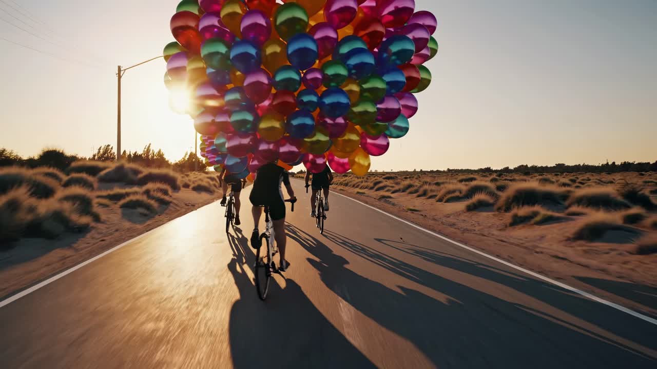 일몰 때 다채로운 풍선 을 들고 자전거 를 타는 그룹