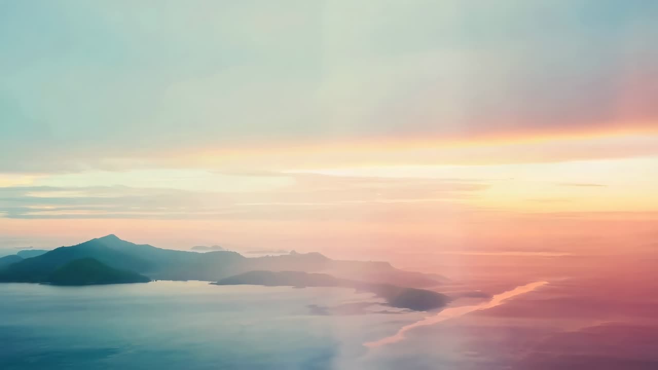 A serene sunset over mountains with a dreamy, abstract style