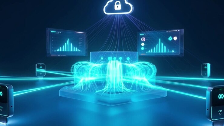 Digital Cloud Computing Network Connecting Devices with Data Visualization