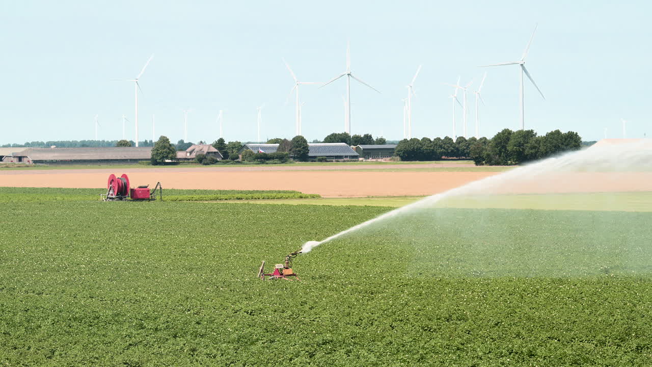 sistema de riego agrícola rociando agua sobre cultivos, aerogeneradores en segundo plano, cámara lenta-1