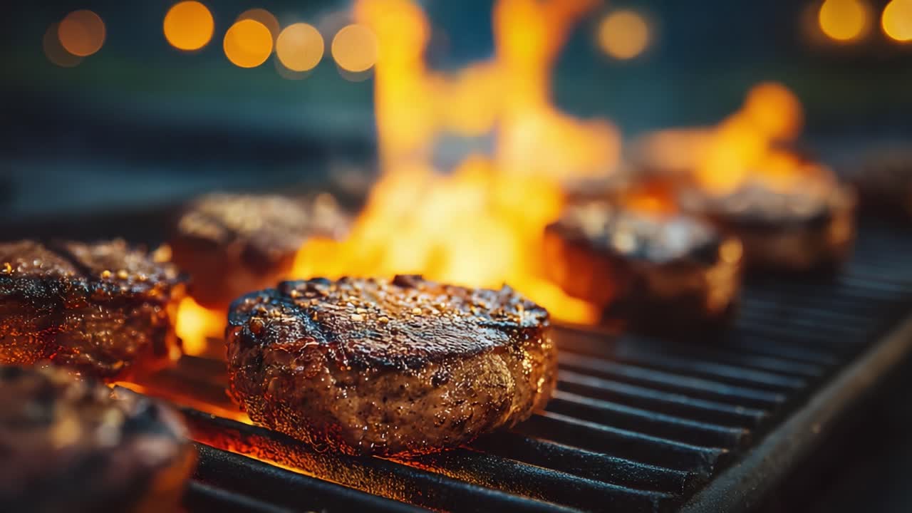 Succulente bistecche sfrigolano sulla griglia, circondate da fiamme danzanti e un caldo bagliore di riunioni di quartiere mentre si svolge la perfetta esperienza di barbecue