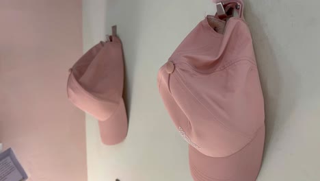 Two-pink-or-peach-color-hat-hanging-from-the-hook-in-the-retail-store-being-displayed-for-sale