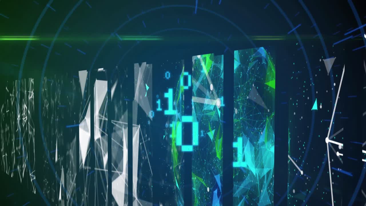 검은색 배경에 있는 바이너리 코딩과 모양의 애니메이션