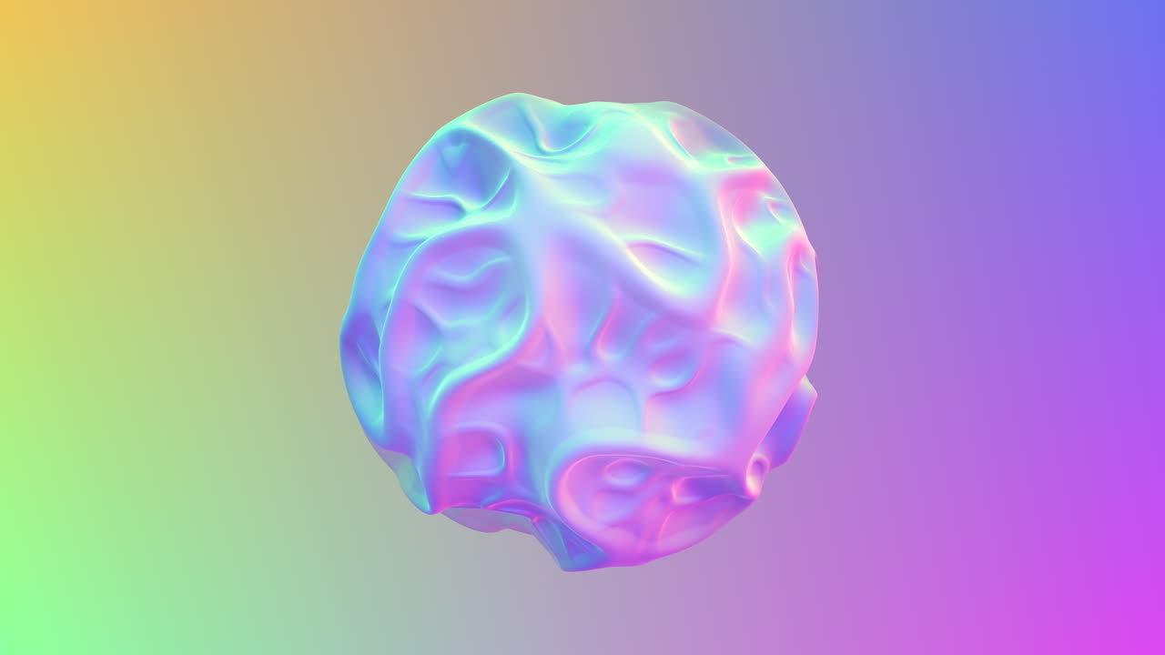 Abstract iridescent 3D blob floating on pastel gradient background, seamless loop