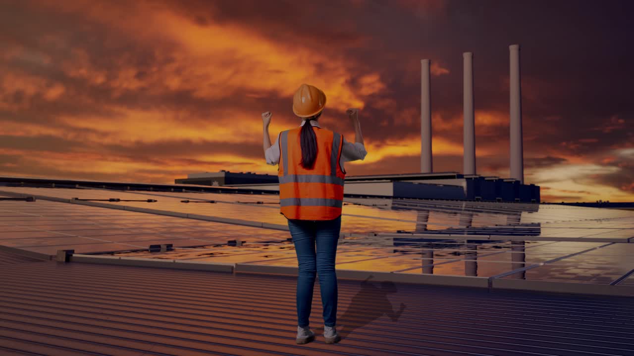 Full Body Back View Of A Female Engineer With Safety Helmet Raising Her Hands Celebrating While Working, Inspecting Solar Panels on Rooftop at Sunset