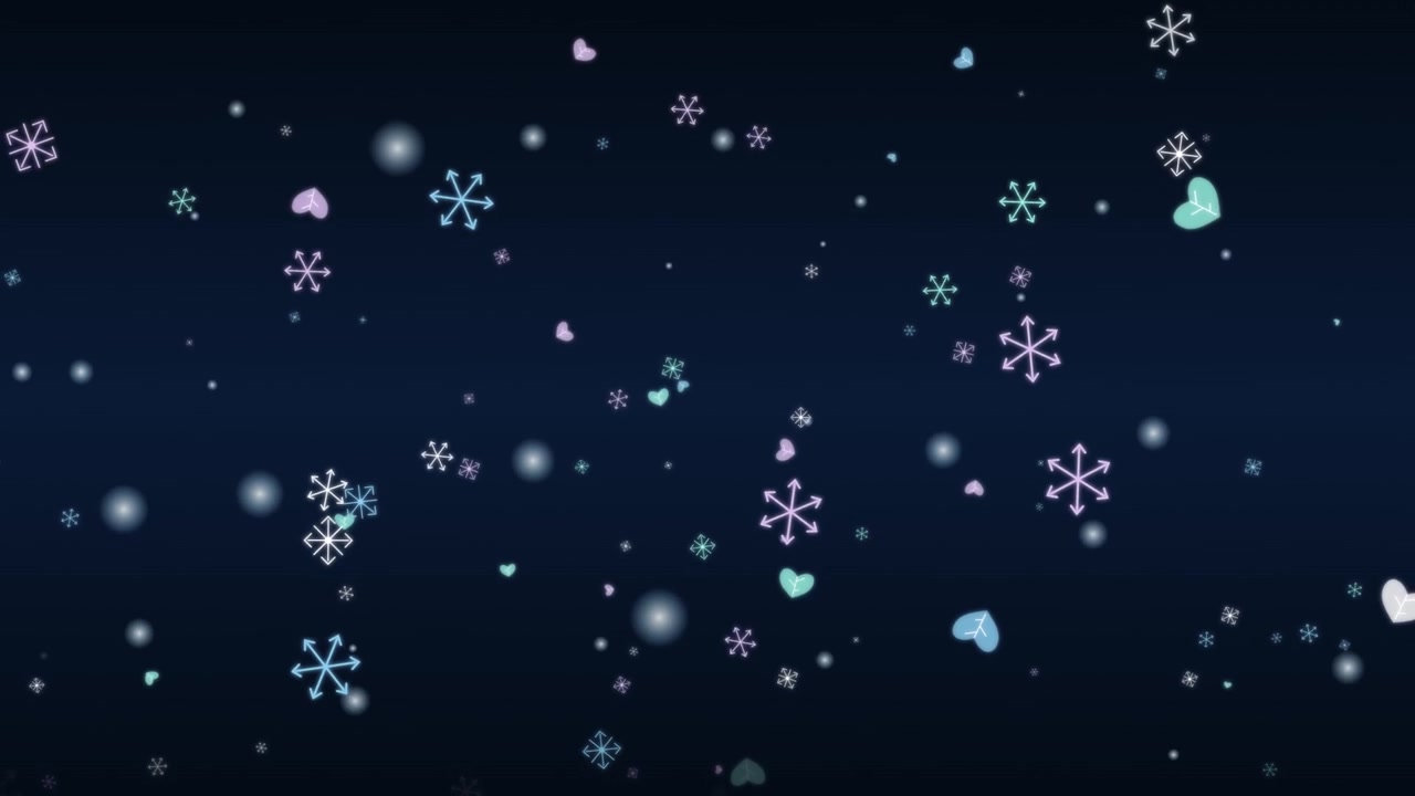 Animeret faldende snefnug og hjerter på mørkeblå baggrund