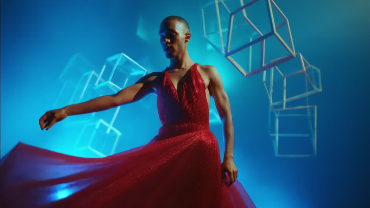 A captivating performance featuring a striking individual in a dazzling red sequined gown, embodying elegance and artistry amidst a surreal backdrop of floating geometric shapes and vibrant lighting