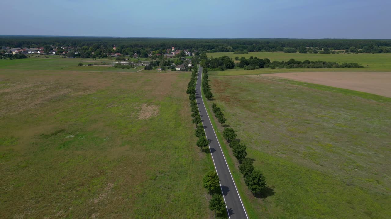 나무와 이 있는 시골 풍경을 가로지르는 빈 아스팔트 도로. 경이로운 공중 전망 비행 속도 램프 하이퍼 모션 타임 라프
