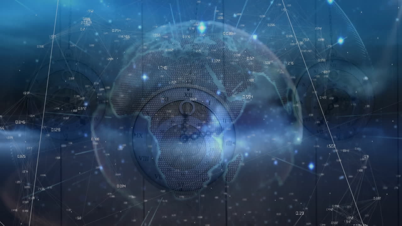 연결 네트워크의 애니메이션과 여러 시계에 걸쳐 지구가 빠르게 움직입니다.