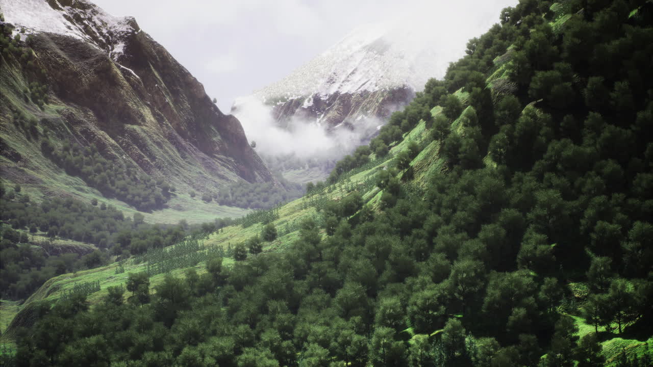 Lush green valley surrounded by majestic mountains under a cloudy sky