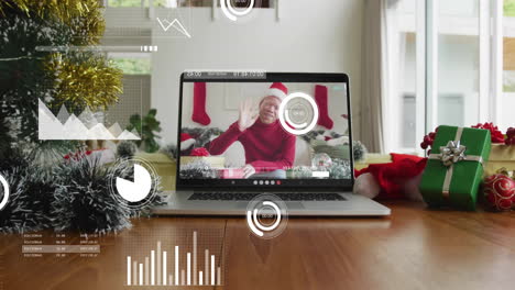 animation of data processing over albino african american man having christmas video call