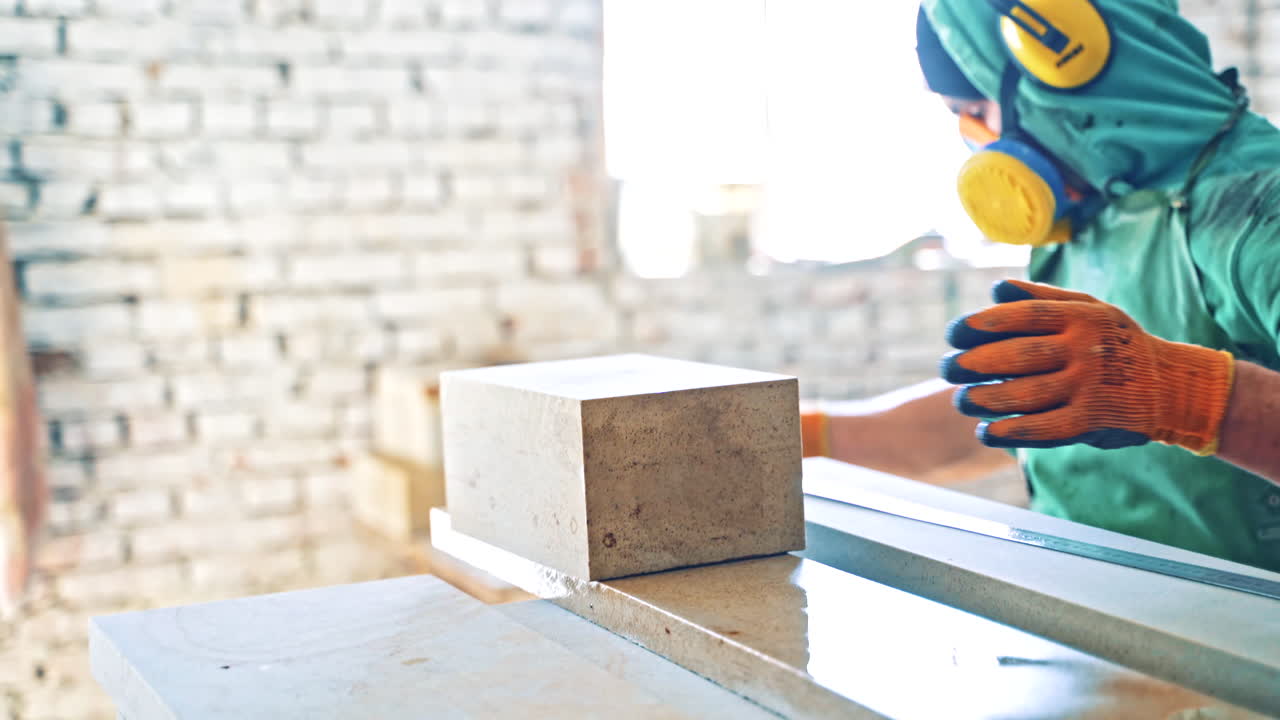 Worker in protective uniform and mask takes stone and measures it with a ruler in factory. Young man measuring pieces of stones on the industrial plant background.