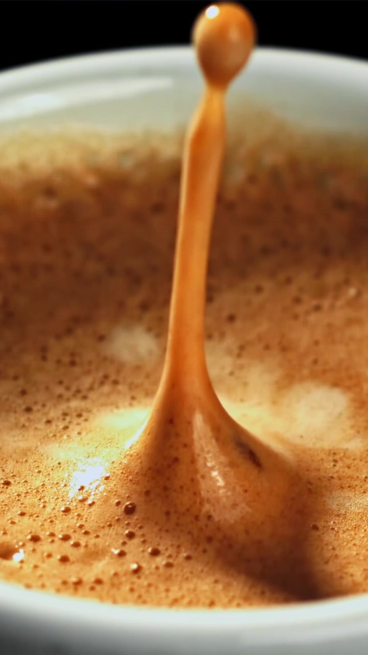 Goccia di caffè al rallentatore che schizza in una tazza di caffè espresso con crema