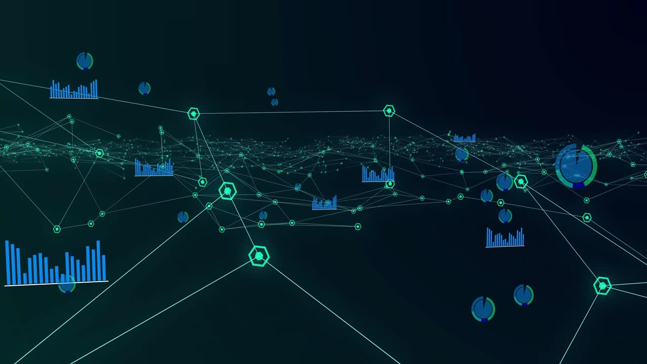 Glowing network of connections and graphs moving against black background
