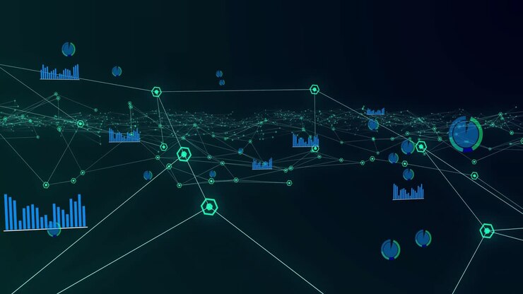 Glowing network of connections and graphs moving against black background