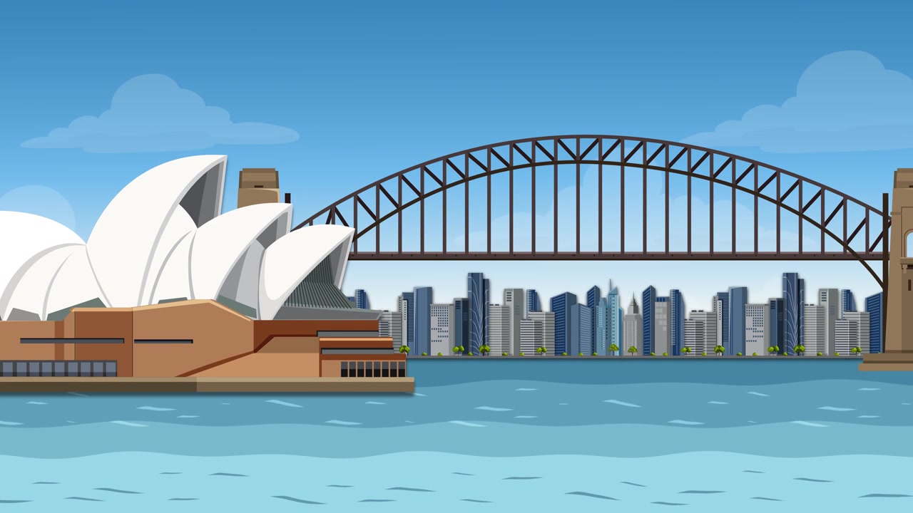 Flat vector animation of Sydney landmarks with a cruise ship sailing ...
